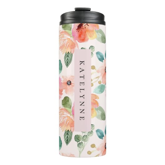 Roze Bloemen Waterverf Reizen Thermische Tumbler Thermosbeker (Voorkant)