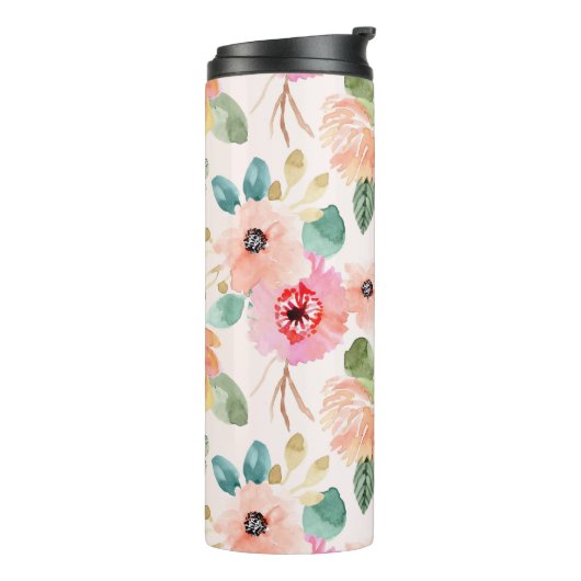 Roze Bloemen Waterverf Reizen Thermische Tumbler Thermosbeker (Gedraaid links)