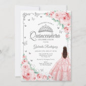 Roze Bloemen Waterverf Rozen Silver Quinceanera Kaart (Voorkant)