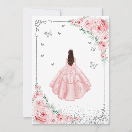Roze Bloemen Waterverf Rozen Silver Quinceanera Kaart (Achterkant)