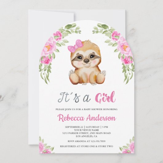 Roze Bloemen Waterverf Schattigee Luiaard Boog Bab Kaart (Voorkant)