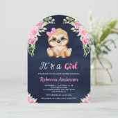 Roze Bloemen Waterverf Sloth Arch Navy Baby shower Kaart (Staand voorkant)