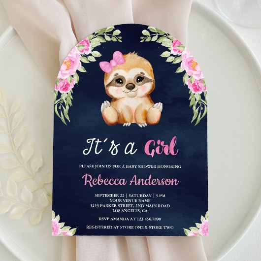 Roze Bloemen Waterverf Sloth Arch Navy Baby shower Kaart