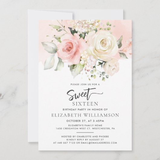 Roze Bloemen Waterverf Sweet 16 Kaart (Voorkant)