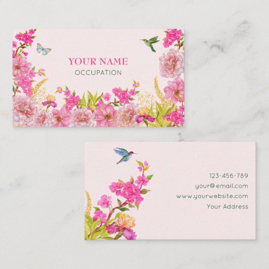 Roze Bloemen waterverf tropische vogel Visitekaartje (Voorkant / Achterkant)