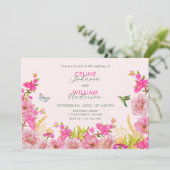 Roze Bloemen waterverf Tropische vogelbruiloft Kaart (Staand voorkant)