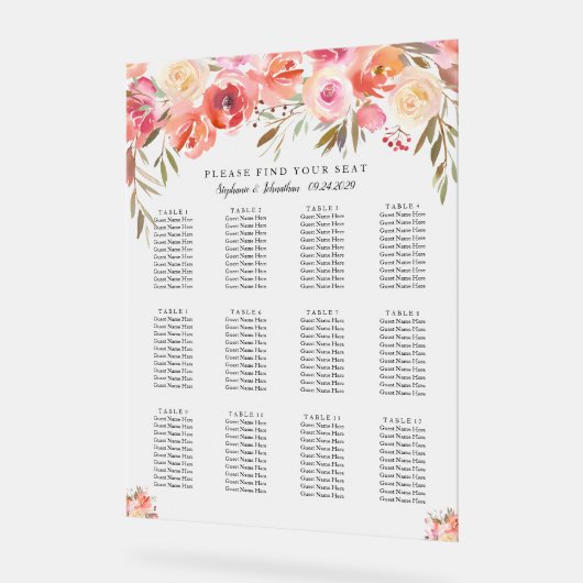 Roze Bloemen Waterverf Trouwstoel Grafiek Acryl Bord (Hoek)