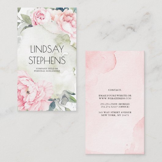 Roze Bloemen  Waterverven Elegant Neutral Visitekaartje (Voorkant / Achterkant)