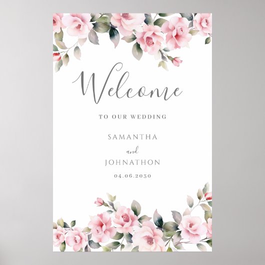 Roze Bloemen Welkom bruiloft Poster (Voorkant)