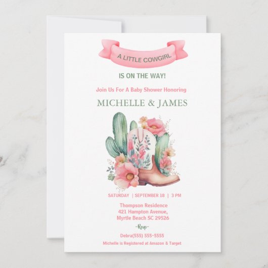 Roze Bloemen Western Cowgirl Baby shower Kaart (Voorkant)