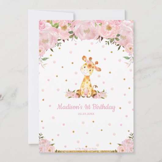 Roze Bloemen Whimsical Giraffe Meisje Verjaardagsf Kaart (Achterkant)