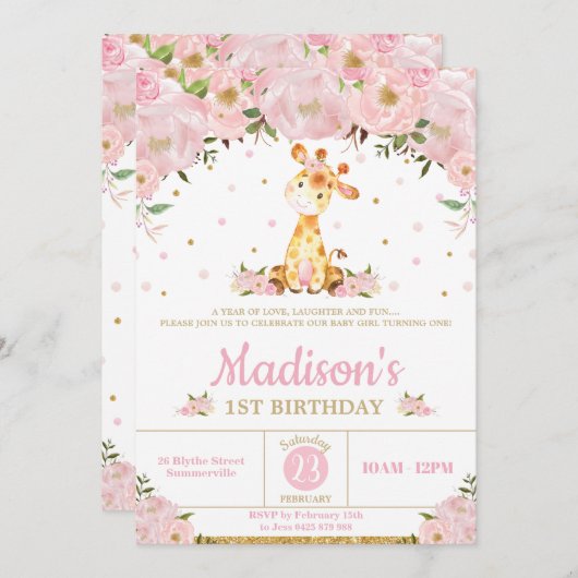 Roze Bloemen Whimsical Giraffe Meisje Verjaardagsf Kaart (Voorkant / Achterkant)