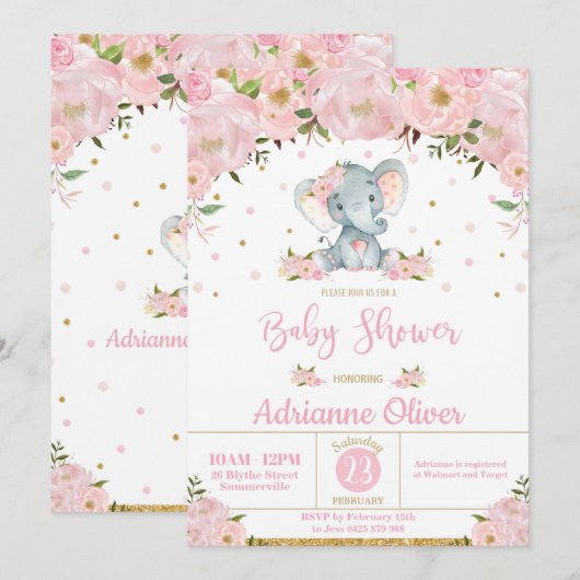 Roze Bloemen Whimsical Olifant Meisje Baby shower Kaart (Voorkant / Achterkant)