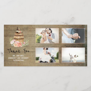 Roze Bloemen Wijn Barrel Rustiek Dank u Bruiloft Bedankkaart