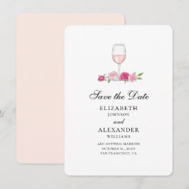 Roze bloemen. Wijnglas. Rozen save the date Kaart