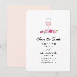 Roze bloemen. Wijnglas. Rozen save the date Kaart