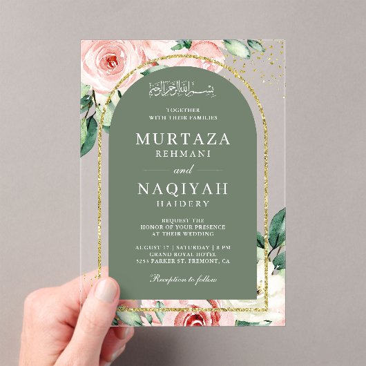 Roze Bloemen Wijze Groene Boog Moslim Huwelijk Acryl Uitnodigingen (Insitu (Draagbaar))