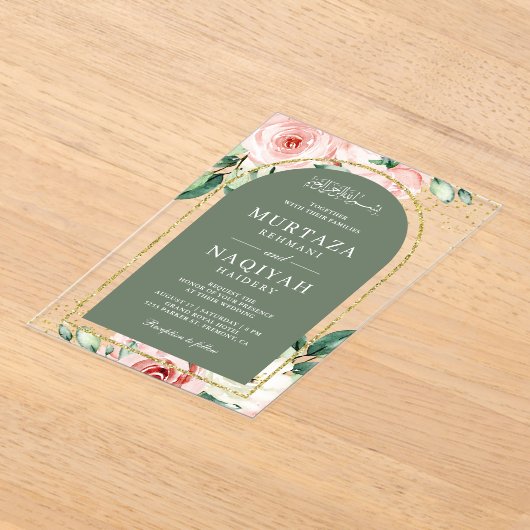 Roze Bloemen Wijze Groene Boog Moslim Huwelijk Acryl Uitnodigingen (Laagn)