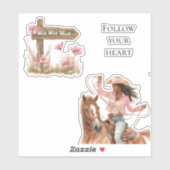 Roze Bloemen Wild West Meisje op paard Sticker (Vel)