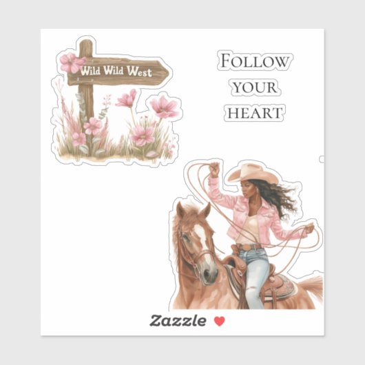 Roze Bloemen Wild West Meisje op paard Sticker (Vel)