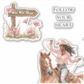 Roze Bloemen Wild West Meisje op paard Sticker (Voorkant)