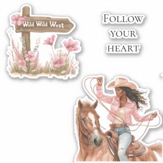 Roze Bloemen Wild West Meisje op paard Sticker (Voorkant)