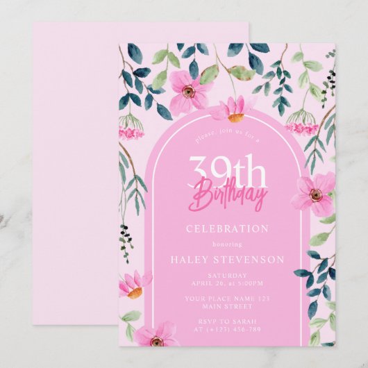 Roze Bloemen Wildbloem Meisje Elegant 39e Verjaard Kaart (Voorkant / Achterkant)