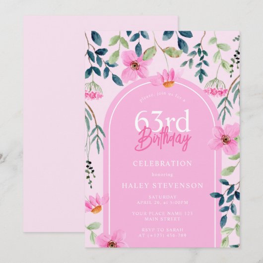 Roze Bloemen Wildbloem Meisje Elegant 63e Verjaard Kaart (Voorkant / Achterkant)