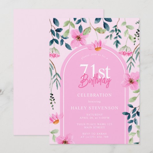 Roze Bloemen Wildbloem Meisje Elegant 71ste Verjaa Kaart (Voorkant / Achterkant)