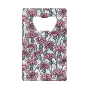 Roze bloemen, wilde bloemen op wit creditkaart flessenopener
