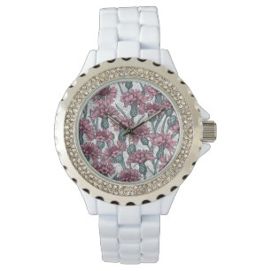 Roze bloemen, wilde bloemen op wit horloge