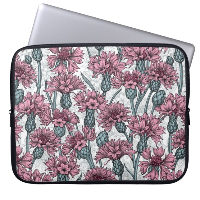 Roze bloemen, wilde bloemen op wit laptop sleeve (Voorkant)