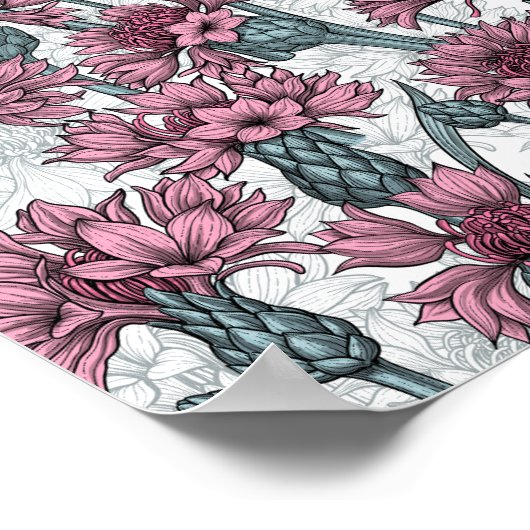 Roze bloemen, wilde bloemen op wit poster (Hoek)