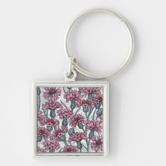Roze bloemen, wilde bloemen op wit sleutelhanger (Voorkant)