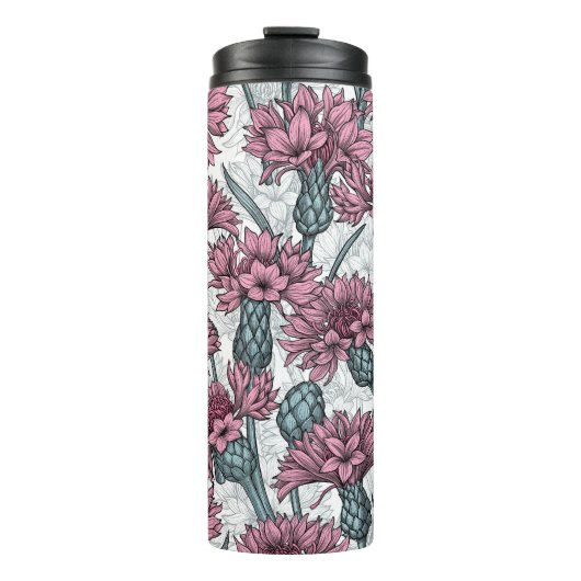 Roze bloemen, wilde bloemen op wit thermosbeker (Voorkant)