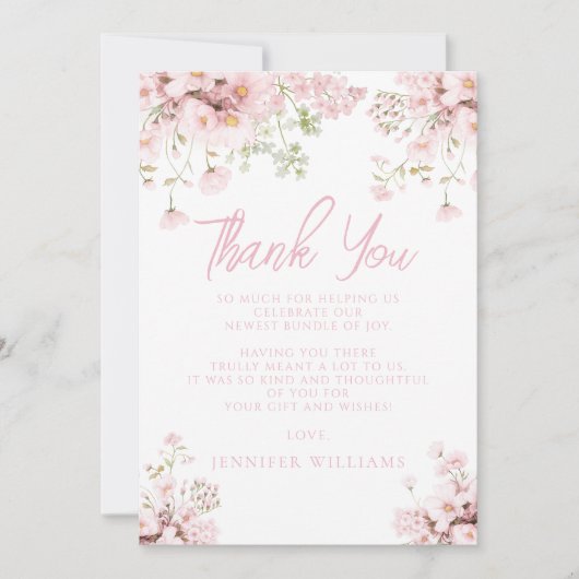 Roze Bloemen Wildflower Baby Meisje Douche Bedankkaart (Voorkant)