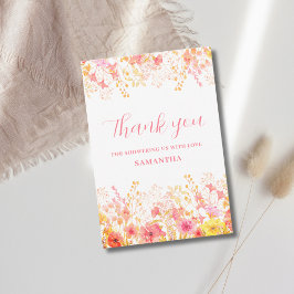 Roze Bloemen Wildflower Baby shower Bedankkaart
