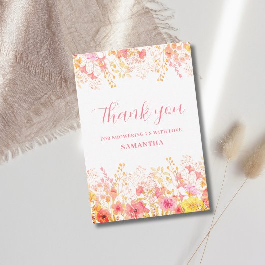 Roze Bloemen Wildflower Baby shower Bedankkaart