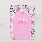 Roze Bloemen Wildflower Girly Elegant 44e Verjaard Kaart (Voorkant / Achterkant)