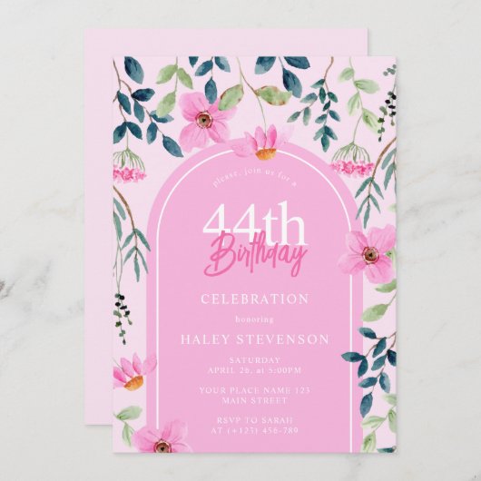 Roze Bloemen Wildflower Girly Elegant 44e Verjaard Kaart (Voorkant / Achterkant)