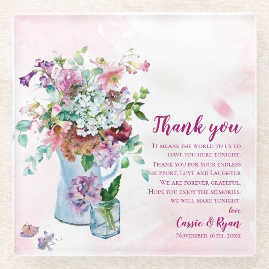 Roze Bloemen Wildflower Wedding Bedankt Bericht Glazen Onderzetter (Voorkant)