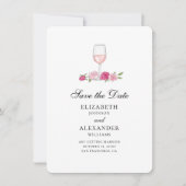 Roze bloemen. Wine Glass. Rozen behalve de datum Kaart (Voorkant)