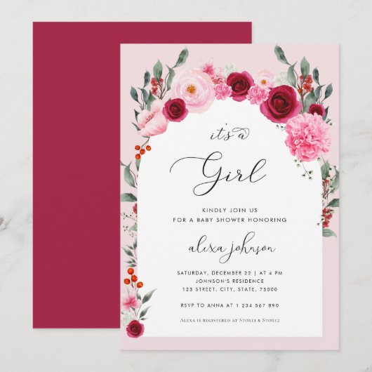 Roze Bloemen Winter Christmas Girl Baby shower Kaart (Voorkant / Achterkant)