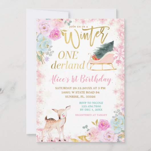 Roze Bloemen Winter Onederland Sleigh Verjaardag Kaart (Voorkant)