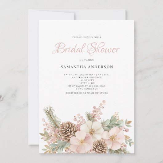 Roze Bloemen Winter Pine Vrijgezellenfeest Kaart (Voorkant)