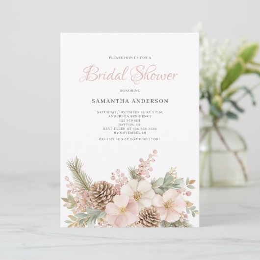 Roze Bloemen Winter Pine Vrijgezellenfeest Kaart (Staand voorkant)