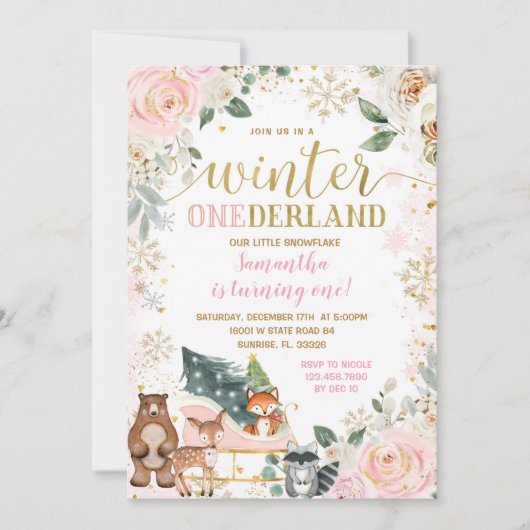 Roze Bloemen Winter Snowflake Sleigh Verjaardag Kaart (Voorkant)