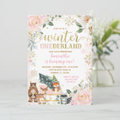 Roze Bloemen Winter Snowflake Sleigh Verjaardag Kaart (Staand voorkant)