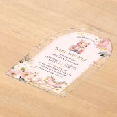 Roze Bloemen Winter Teddy Bear Arch Baby shower Acryl Uitnodigingen (Laagn)