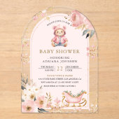 Roze Bloemen Winter Teddy Bear Arch Baby shower Acryl Uitnodigingen (Voorkant)